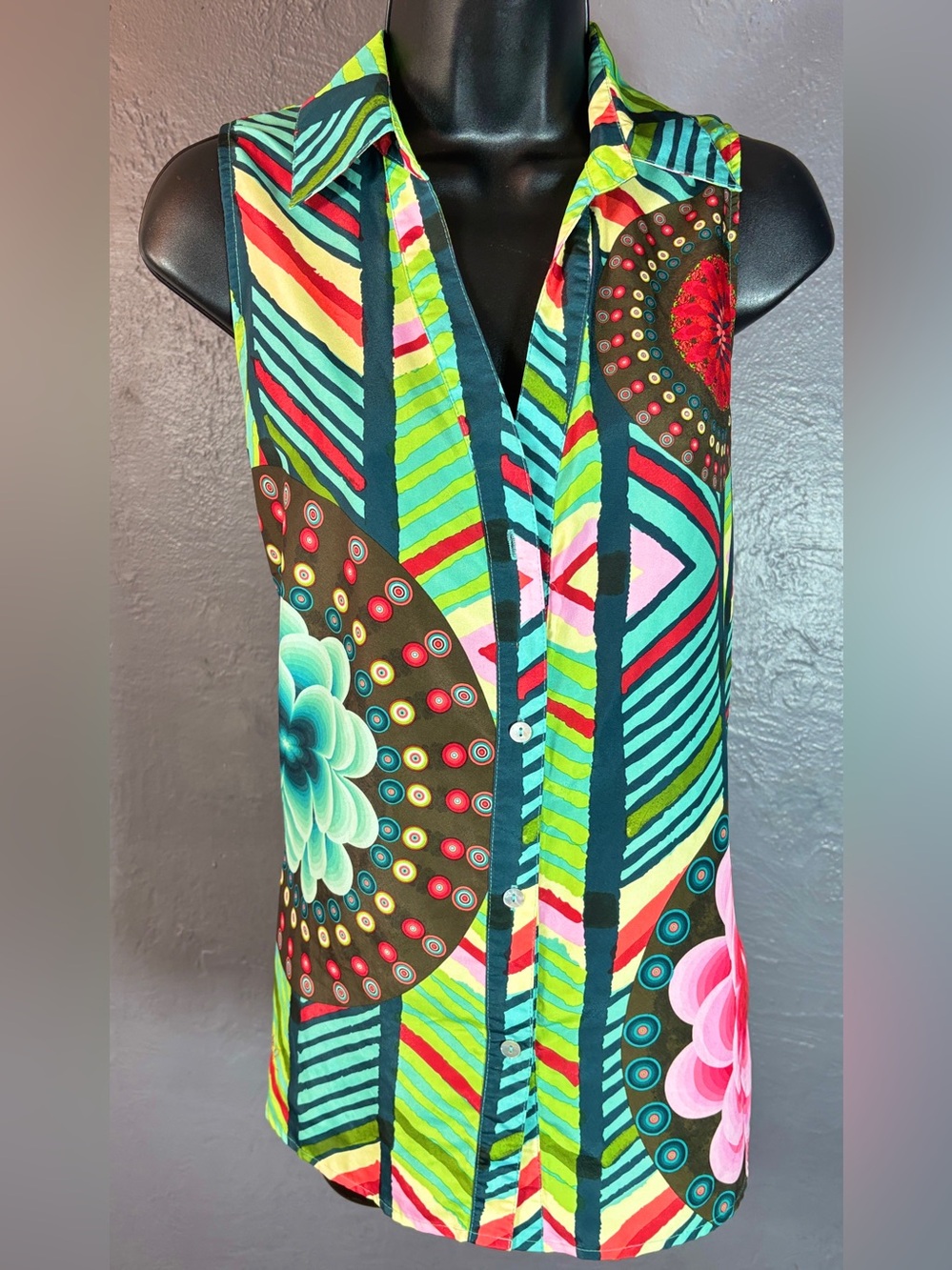 Desigual Sleevless Abstract Geometric Print Blouse Size XL